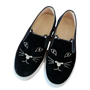 Charlotte Olympia Black Velvet Cat Face Slip-On Sneakers